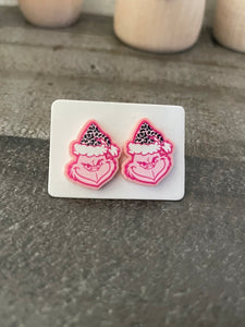 Pink Grinch Acrylic Stud Earrings