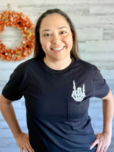 Load image into Gallery viewer, Rock On Skeleton Finger Pocket Graphic Tee
