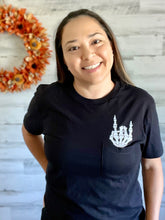 Load image into Gallery viewer, Rock On Skeleton Finger Pocket Graphic Tee
