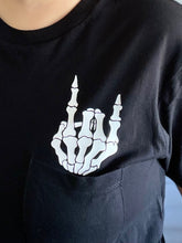 Load image into Gallery viewer, Rock On Skeleton Finger Pocket Graphic Tee