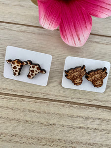 Wood Cow Stud Earrings