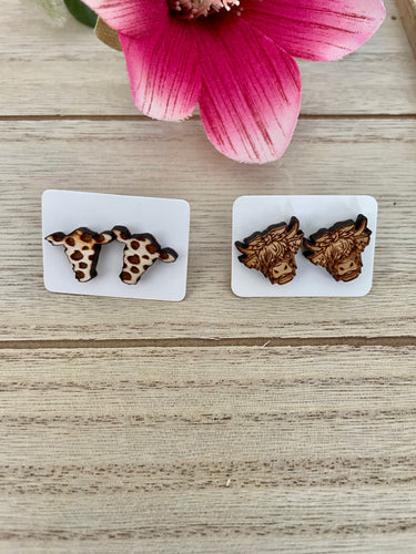 Wood Cow Stud Earrings